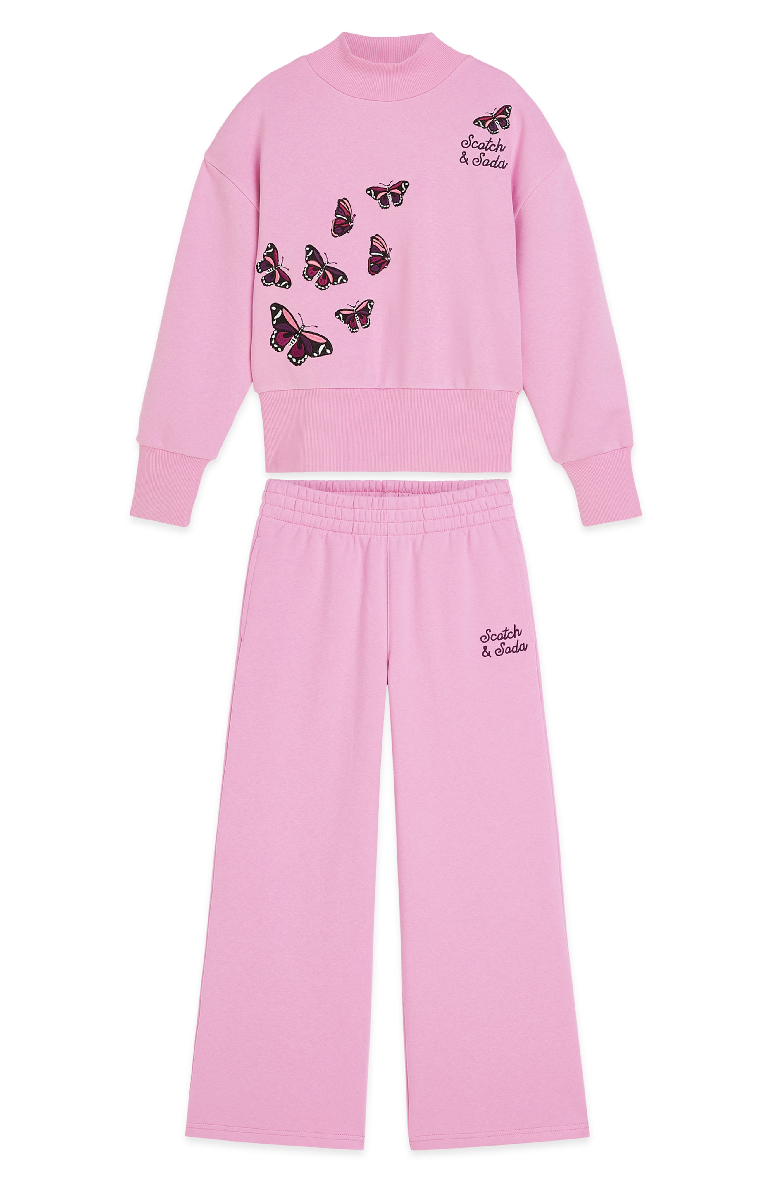 Scotch & Soda Kids' Butterfly Embroidered Fleece Sweatshirt & Wide Leg Sweatpants Set