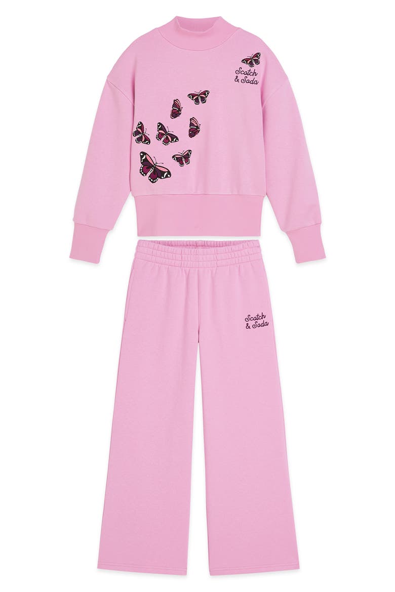 Kids' Butterfly Embroidered Fleece Sweatshirt & Wide Leg Sweatpants Set, Main, color, PASTEL LAVENDER