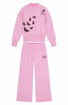 Scotch & Soda Kids' Butterfly Embroidered Fleece Sweatshirt & Wide Leg Sweatpants Set