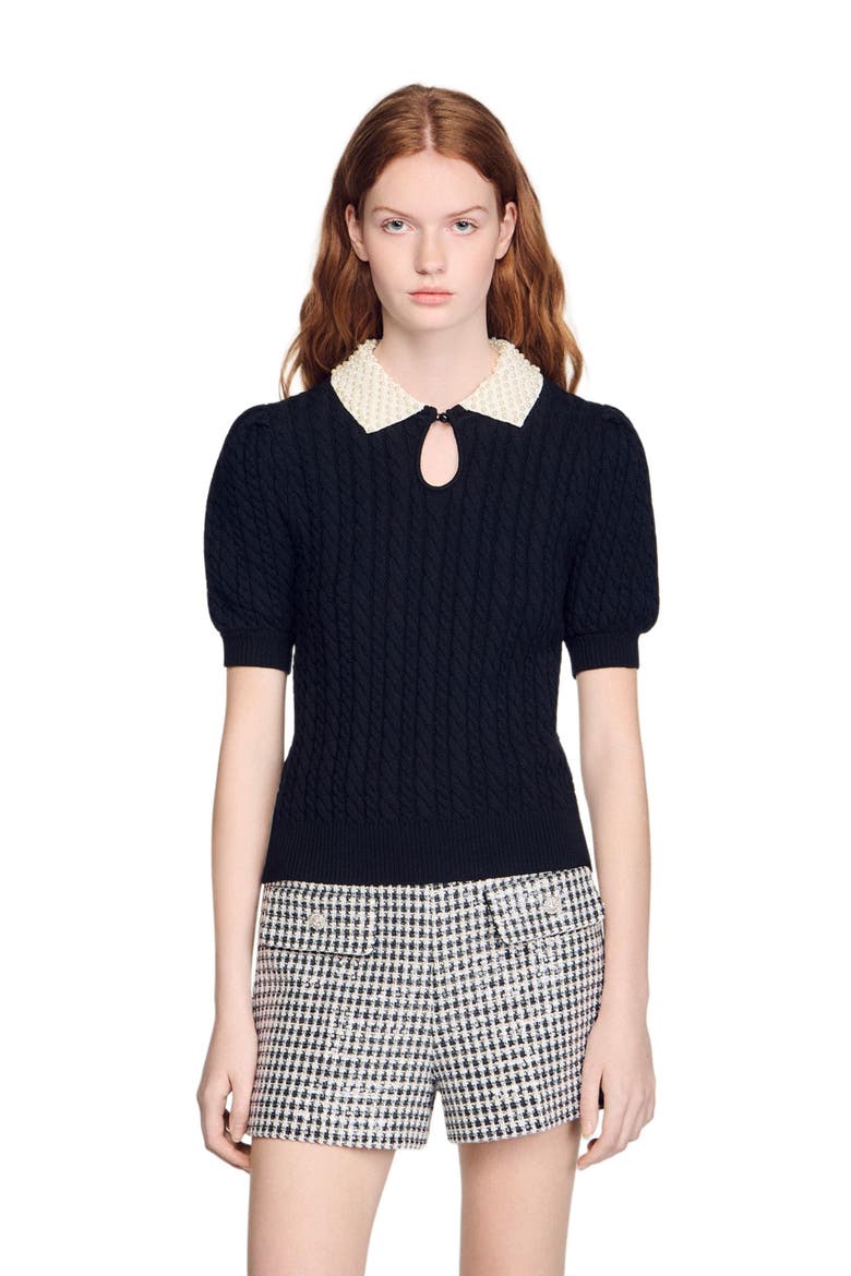 Detachable collar cable knit sweater, Main, color, Black