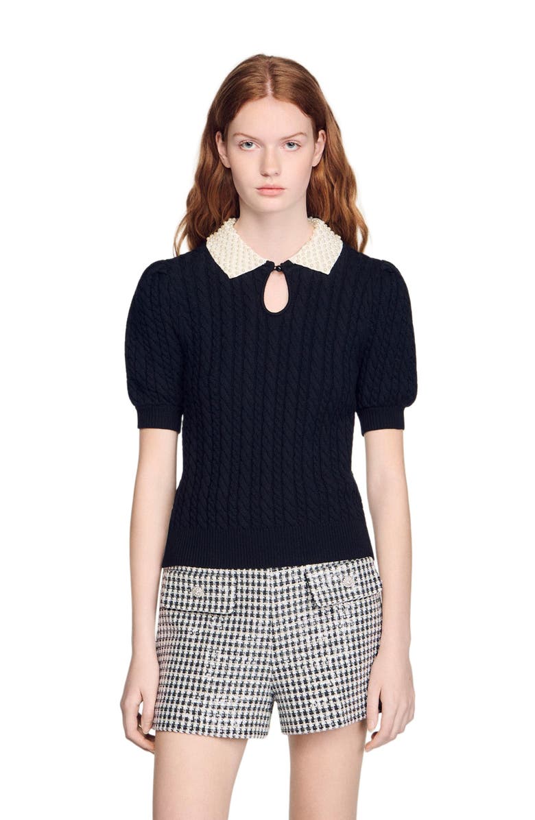 SANDRO Detachable collar cable knit sweater, Main, color, Black