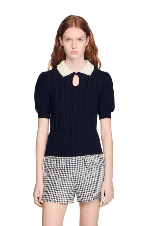 Detachable collar cable knit sweater
