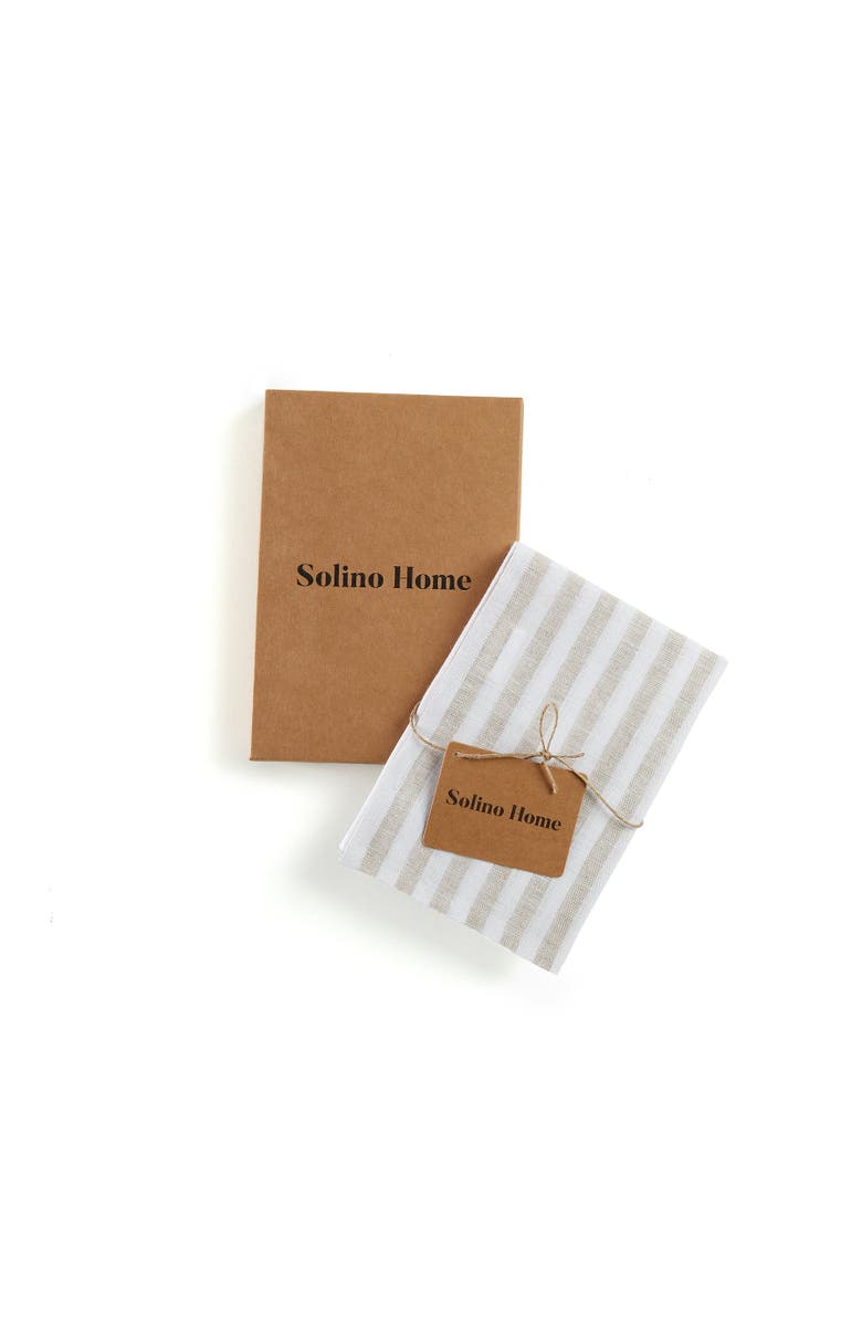 Solino Home Linen Kitchen Towels Set of 2, 17 x 26 Inch for Dining Table, Holiday and Everyday Table Decor - Amalfi Stripe, Alternate, color, Natural And White