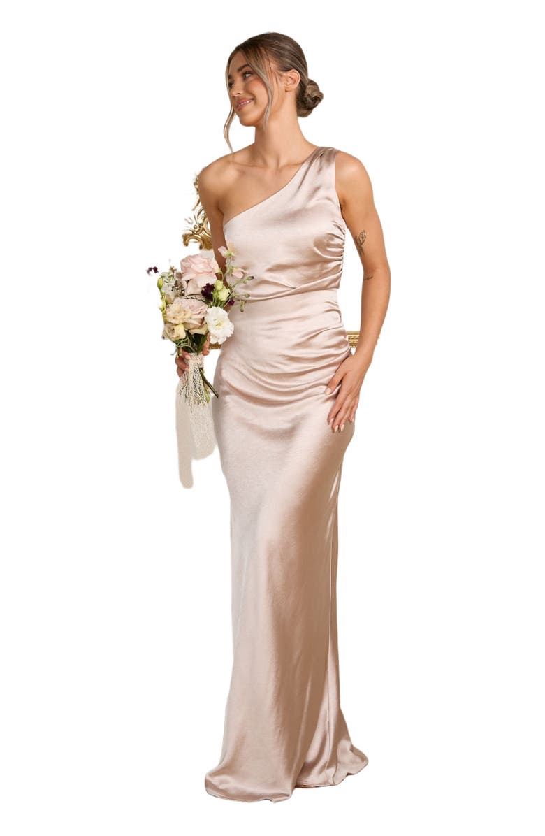 Six Stories One Shoulder Satin Bridesmaid Dress, Alternate, color, Oyster
