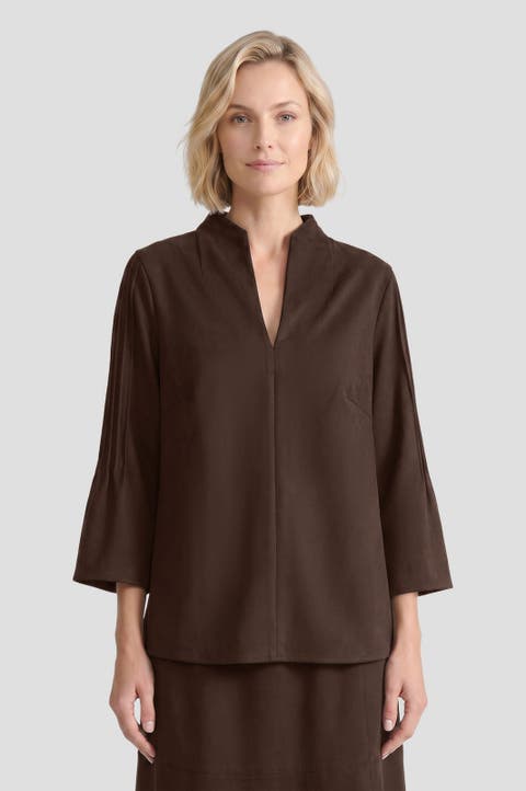 Flare Sleeve Faux Suede Blouse