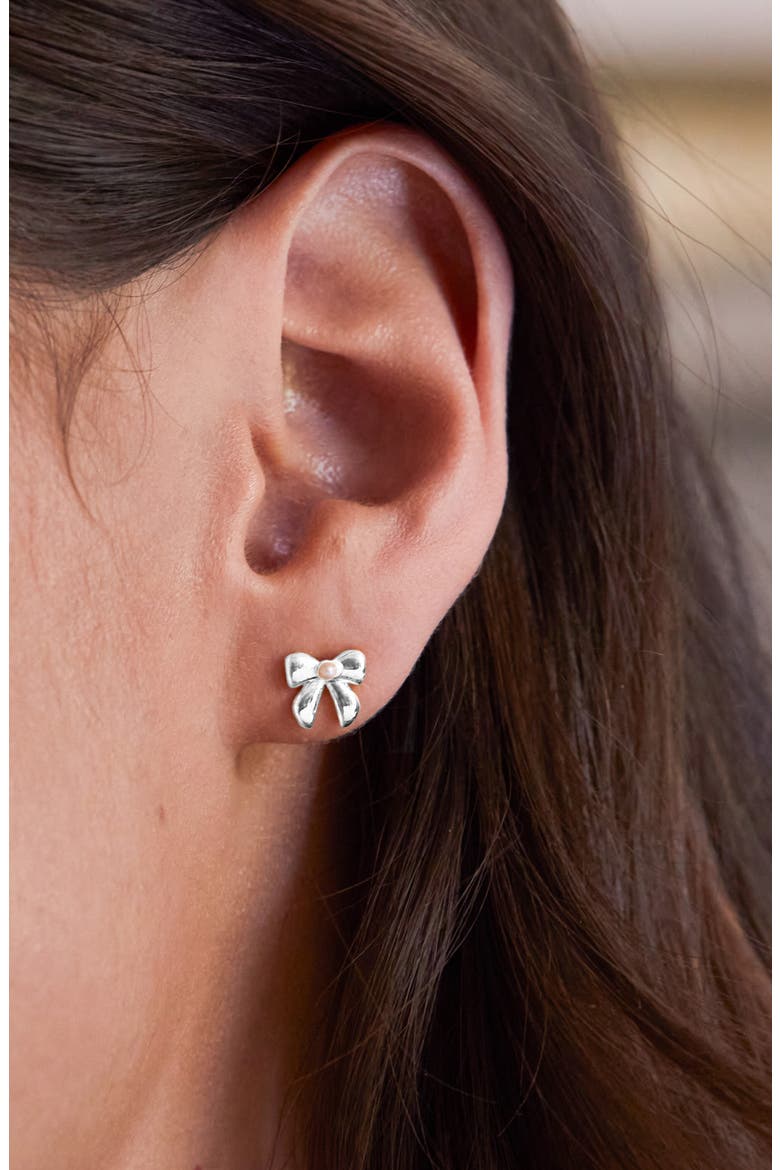 Faux Pearl Bow Stud Earrings, Alternate, color, SILVER