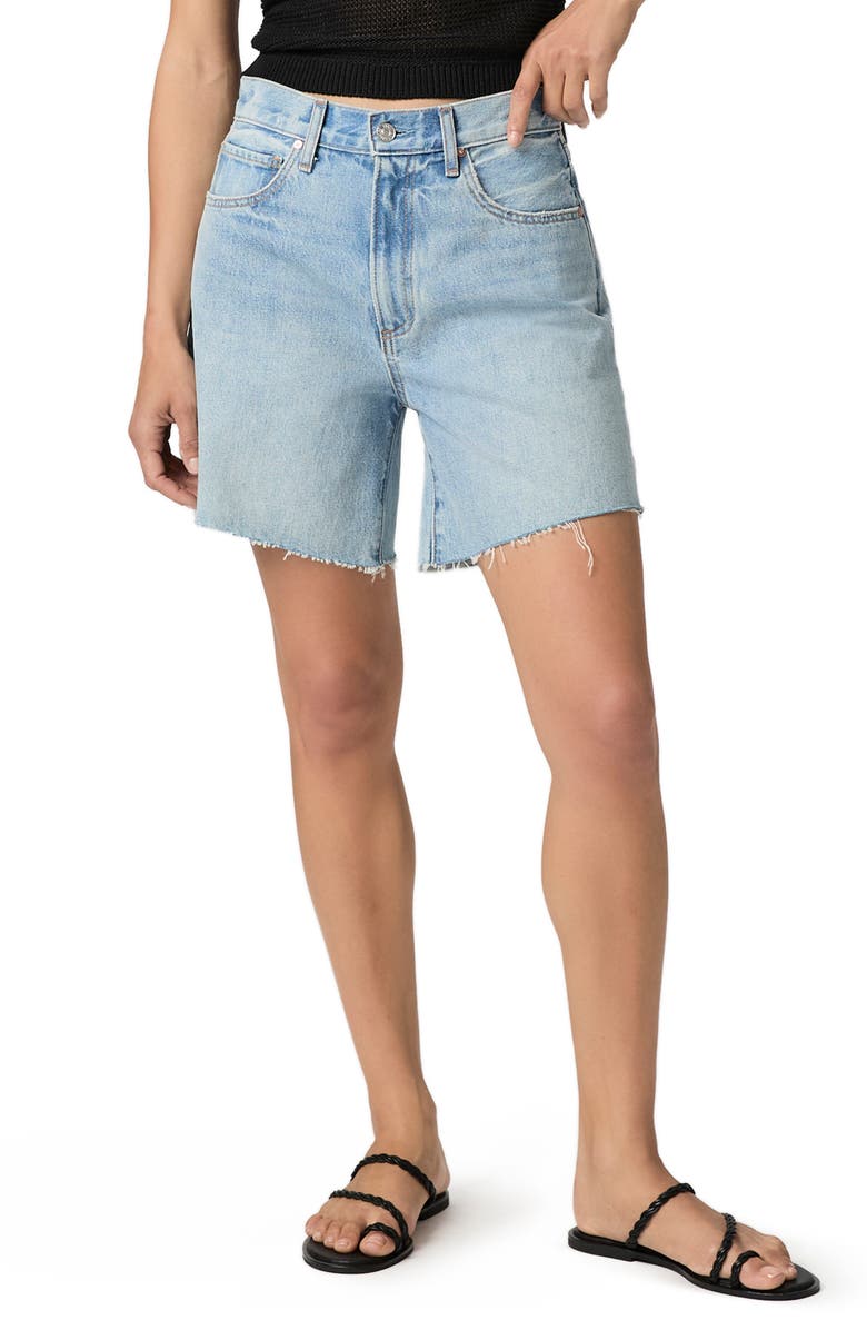 PAIGE Archie Raw Hem High Waist Mid Thigh Denim Shorts, Main, color, Grand Tour
