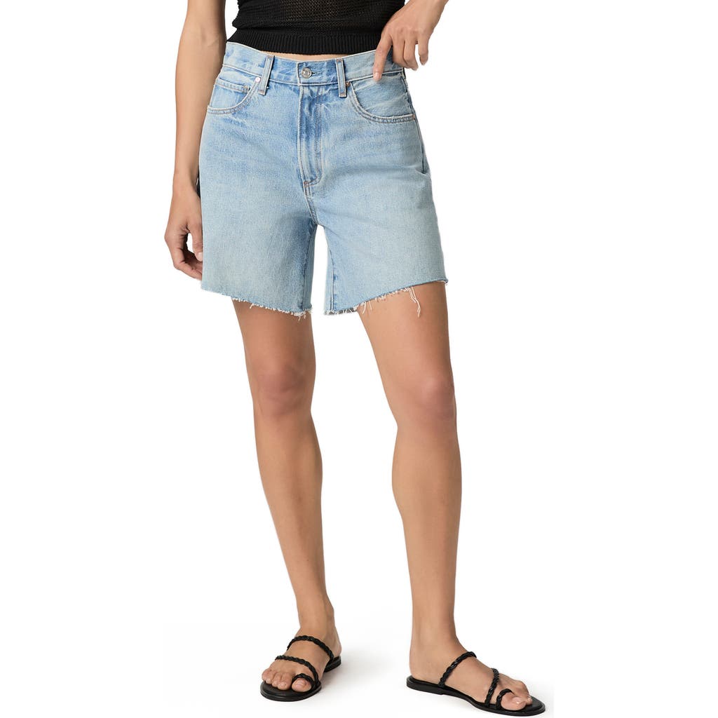 PAIGE PAIGE ARCHIE RAW HEM HIGH WAIST MID THIGH DENIM SHORTS