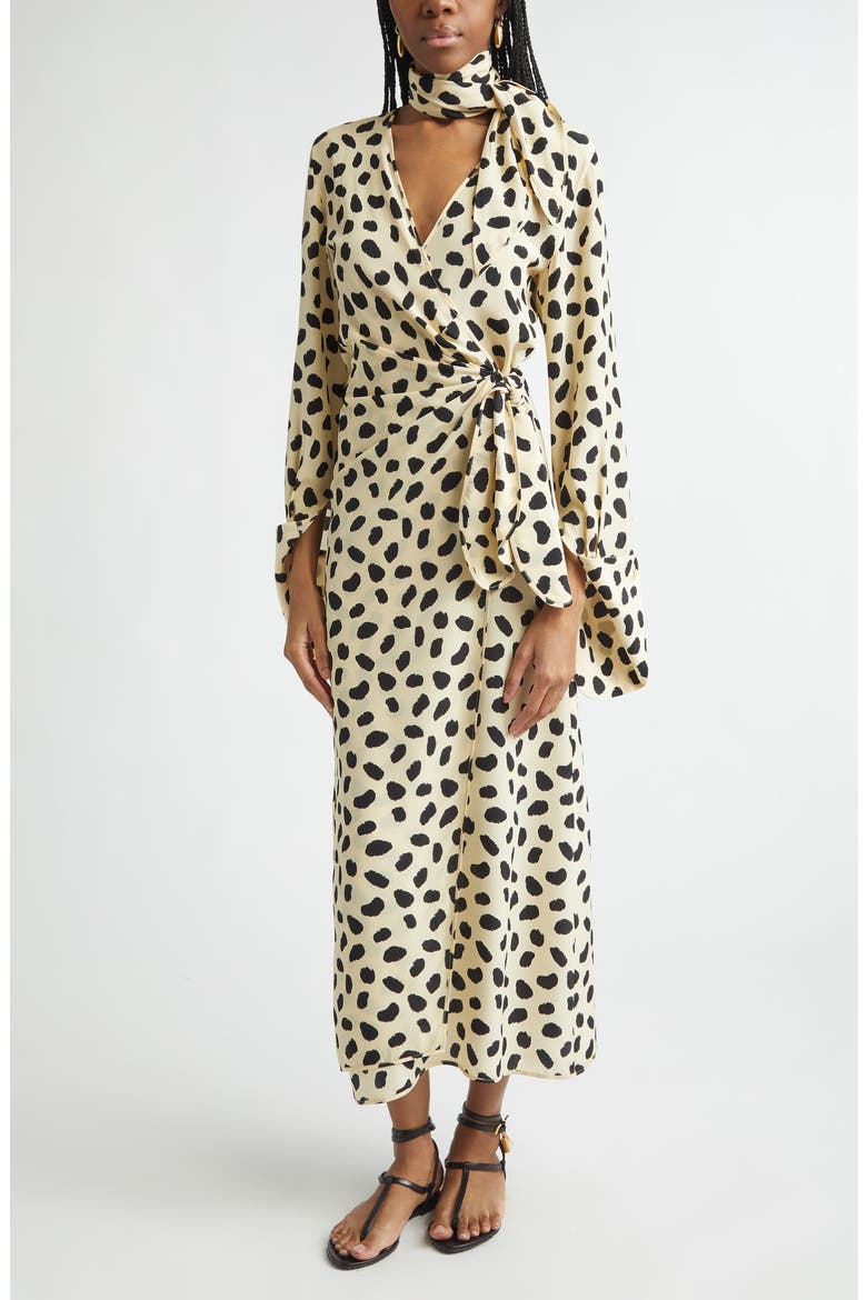 Ollantay Print Long Sleeve Silk Wrap Dress, Alternate, color, ECRU / BLACK