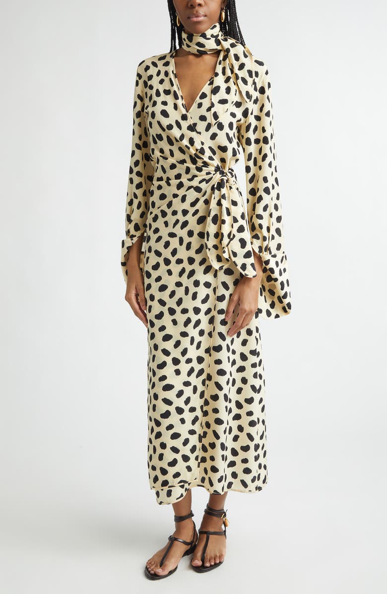 Johanna Ortiz Ollantay Print Long Sleeve Silk Wrap Dress, Alternate, color, Ecru / Black