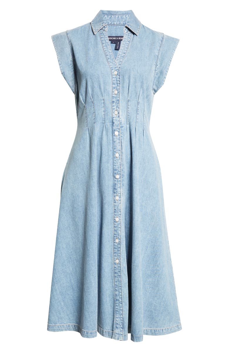 Veronica Beard Ruben Pintuck Waist Sleeveless Denim Dress, Alternate, color, Pebble Stone