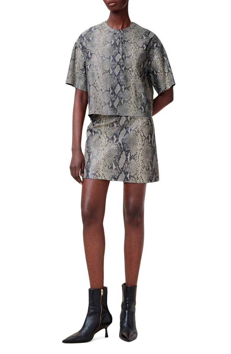 AllSaints Renai Snakeskin Print Short Sleeve Leather Shirt, Alternate, color, 