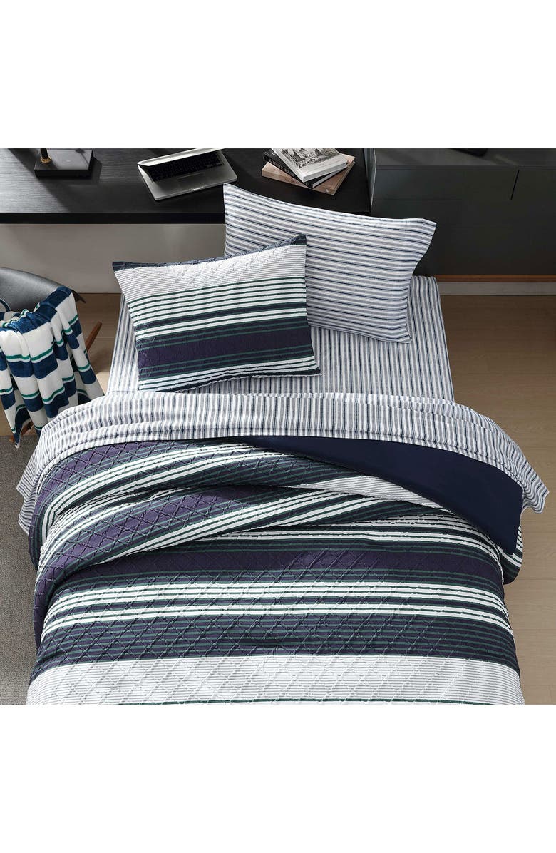 Nautica Lakefront Embossed Stripe Microfiber Comforter, Sheets & Throw Set, Alternate, color, Dark Blue