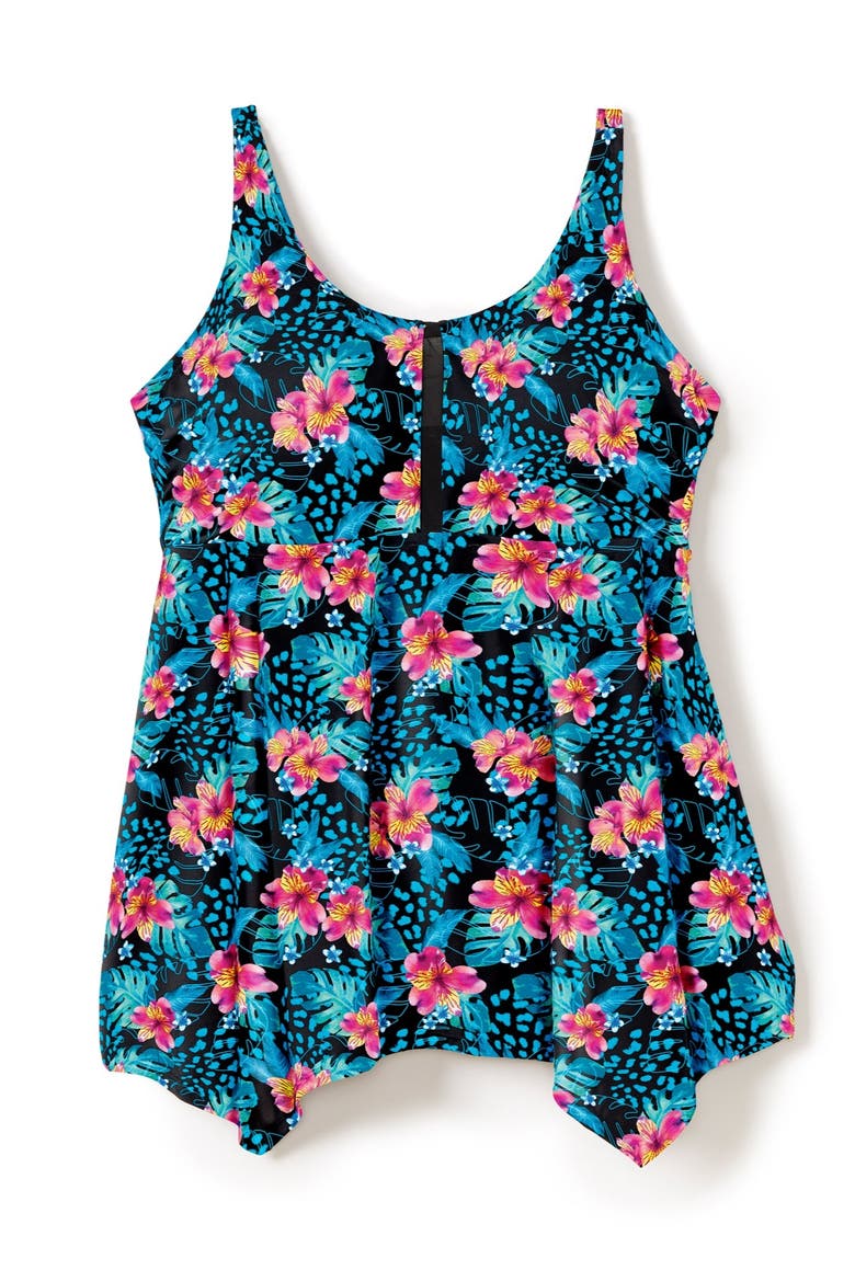 Longer-Length Handkerchief Hem Tankini Top, Alternate, color, TROP ANIMAL TURQ
