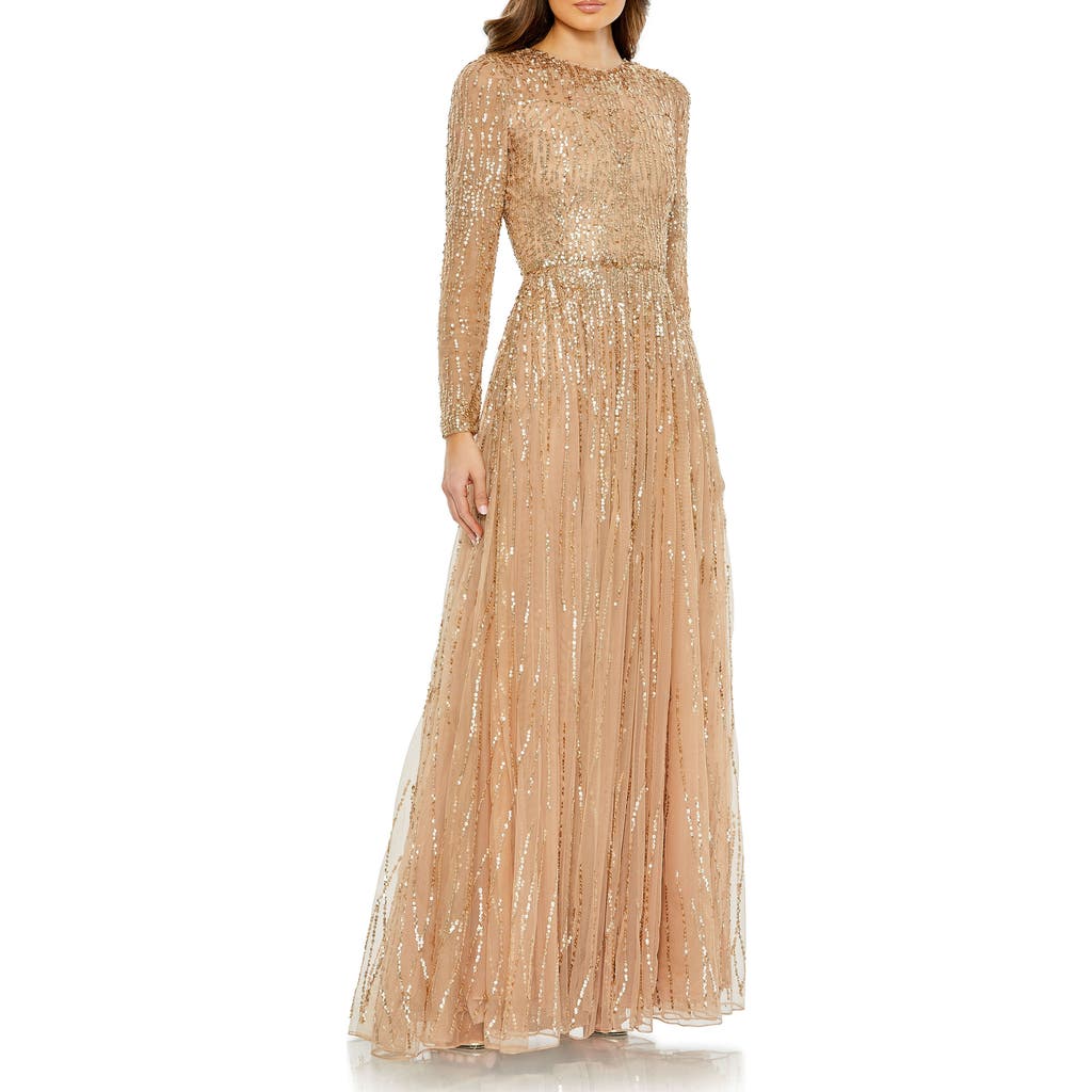 Mac Duggal Sequined Illusion High Neck Long Sleeve Gown In Latte