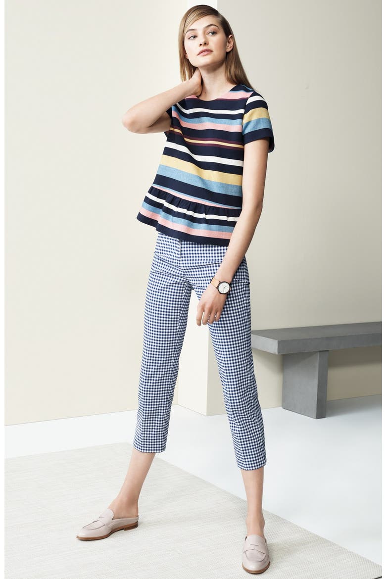 SHORT SLEEVE PEPLUM TOP, Alternate, color, NAVY- CORAL STRIPE