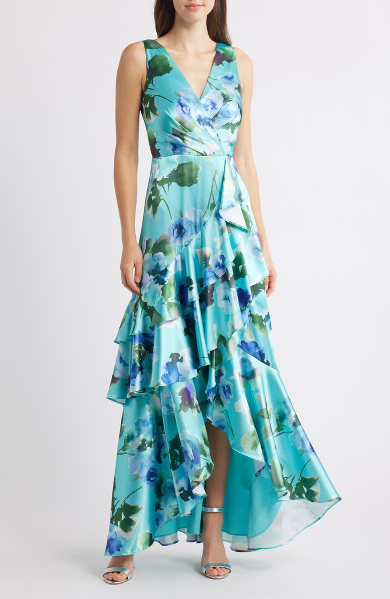 Eliza J Social Tiered Satin High-Low Cocktail Dress, Main, color, Aqua
