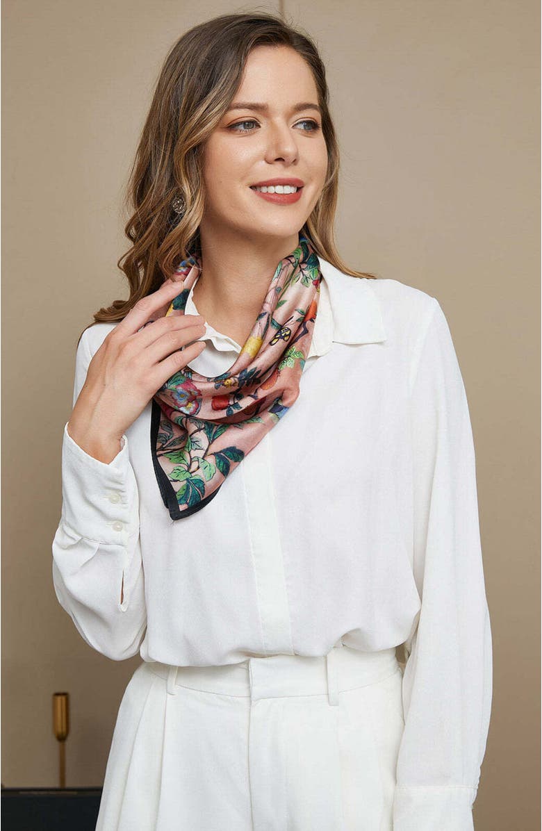 SILKSILKY 100% Mulberry Silk Floral Pattern Square Scarf, Alternate, color, Floral