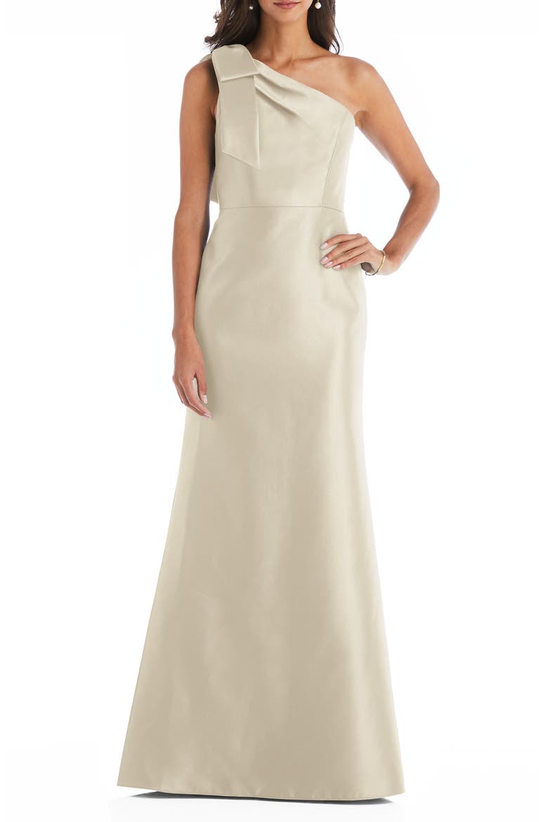 Bow One-Shoulder Satin Trumpet Gown, Main, color, CHAMPAGNE