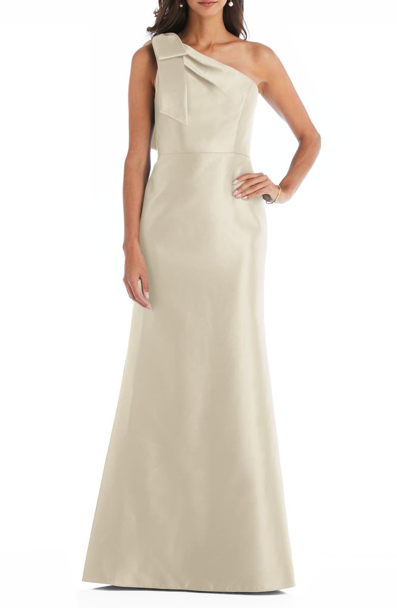 Alfred Sung Bow One-Shoulder Satin Trumpet Gown, Main, color, 