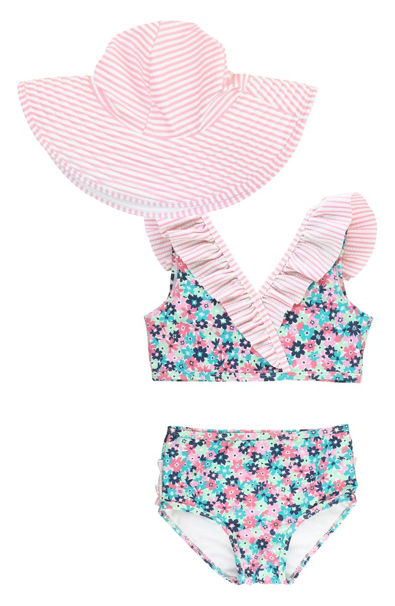 RuffleButts Water Lilies Two-Piece Swimsuit & Hat Set, Main, color,