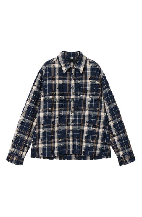 Rei Distressed Plaid Cotton Button-Up Shirt
