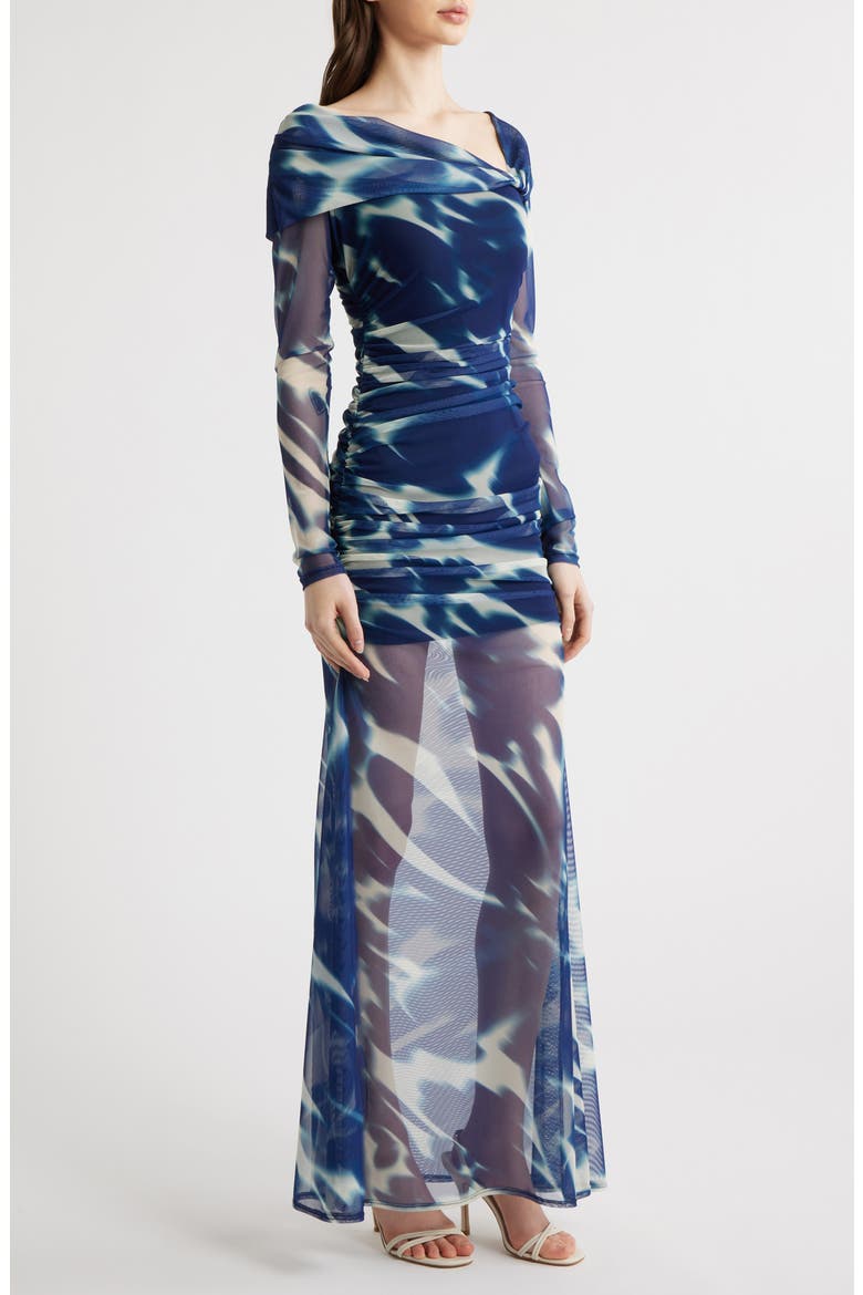 Dina Long Sleeve Ruched Mesh Maxi Dress, Alternate, color, FLORAL WAVE