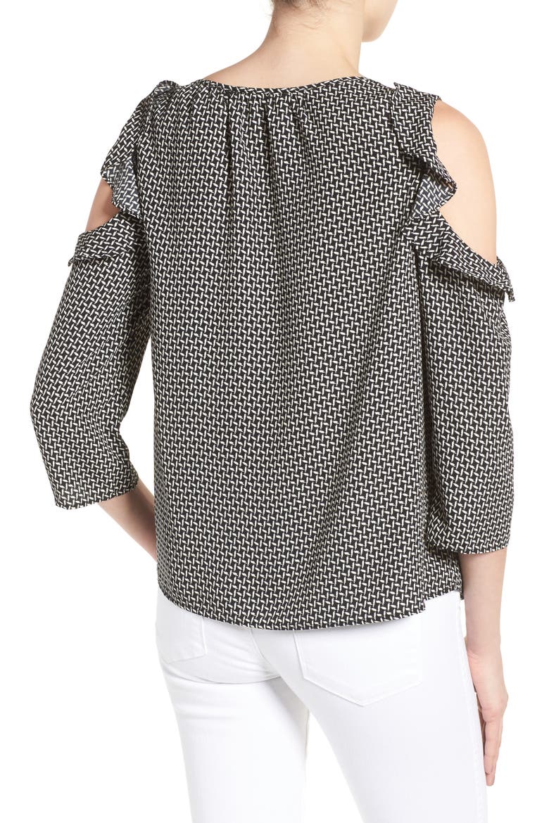 Gibson Ruffled Cold Shoulder Blouse, Alternate, color, BLACK/ NATURAL PRINT