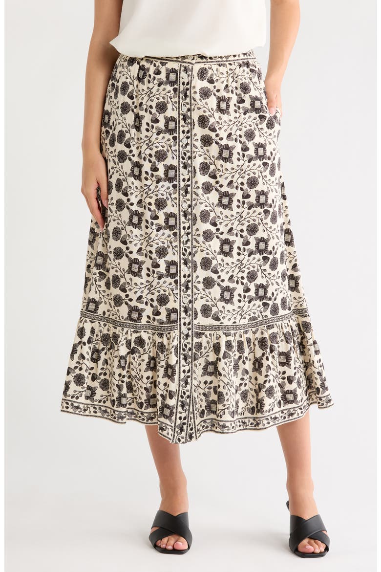 Button Front Maxi Skirt, Main, color, CRM/ BLACK FLORAL HRTS