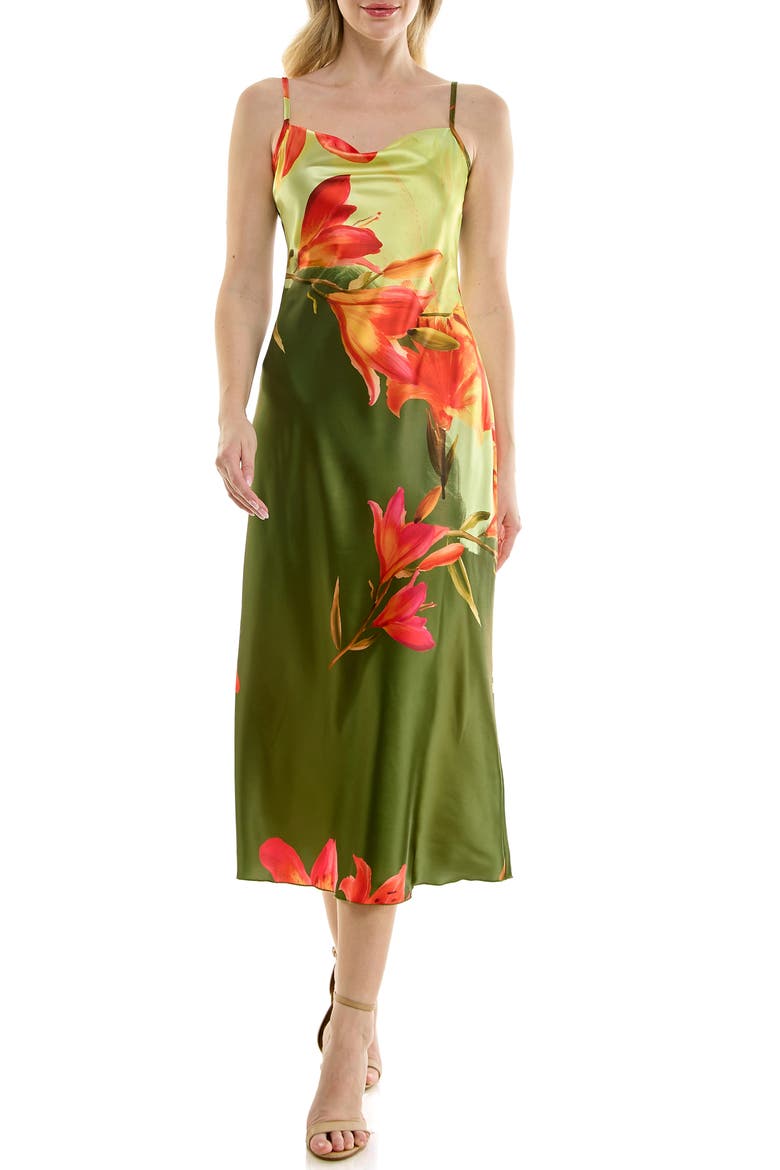 Floral Cowl Neck Satin Maxi Dress, Main, color, PINK/ OLIVE