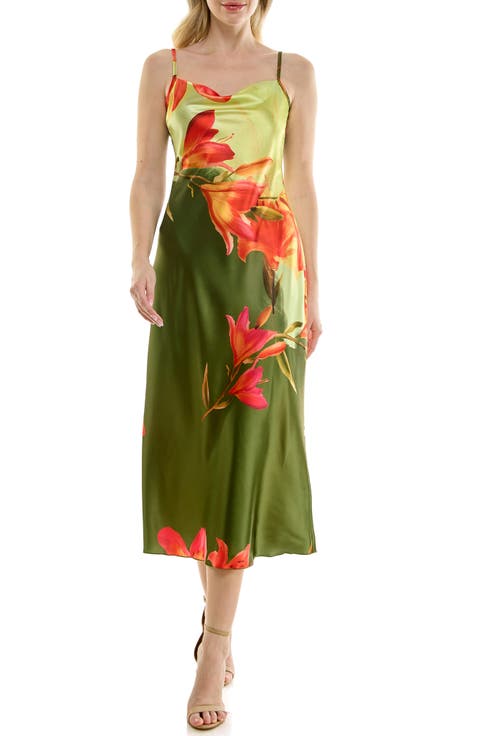 Floral Cowl Neck Satin Maxi Dress