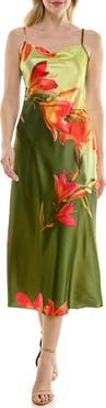 bebe Floral Cowl Neck Satin Maxi Dress