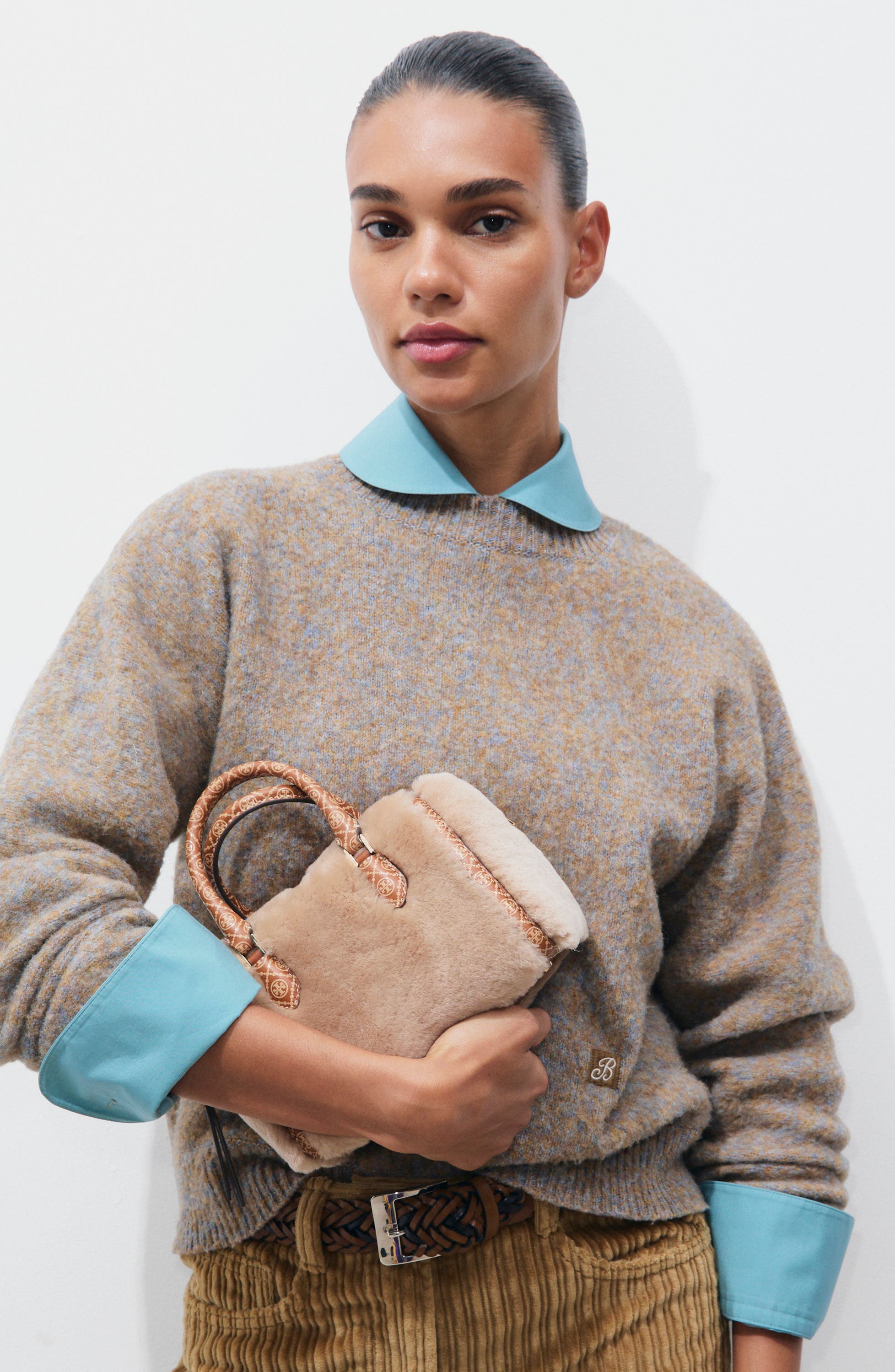 T Monogram Genuine Shearling Petite Barrel Bag, Alternate, color, TEDDY