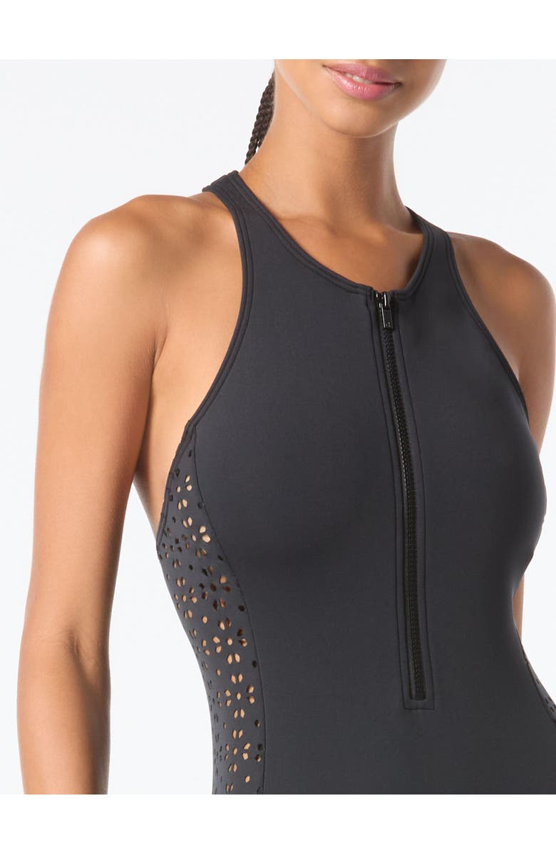 MICHAEL Michael Kors Zip Front One Piece Swimsuit, Main, color, 001-Black