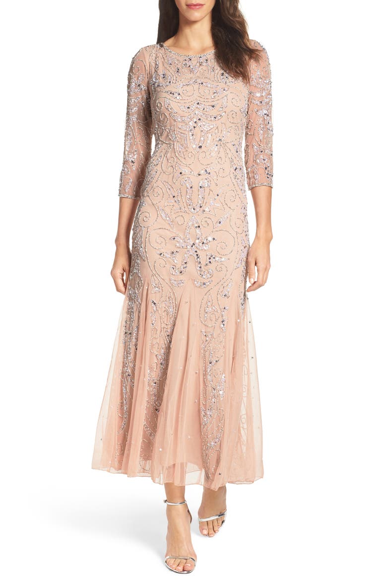 Illusion Sleeve Beaded A-Line Gown, Main, color, BLUSH