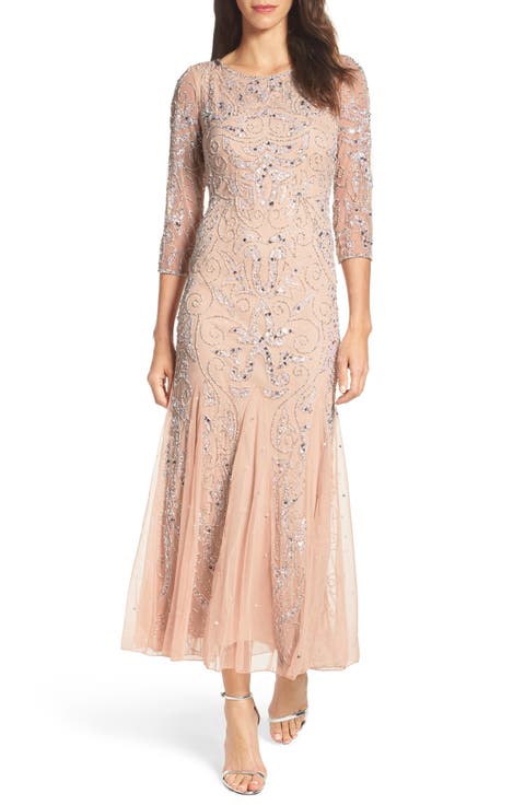 Illusion Sleeve Beaded A-Line Gown (Regular & Petite)