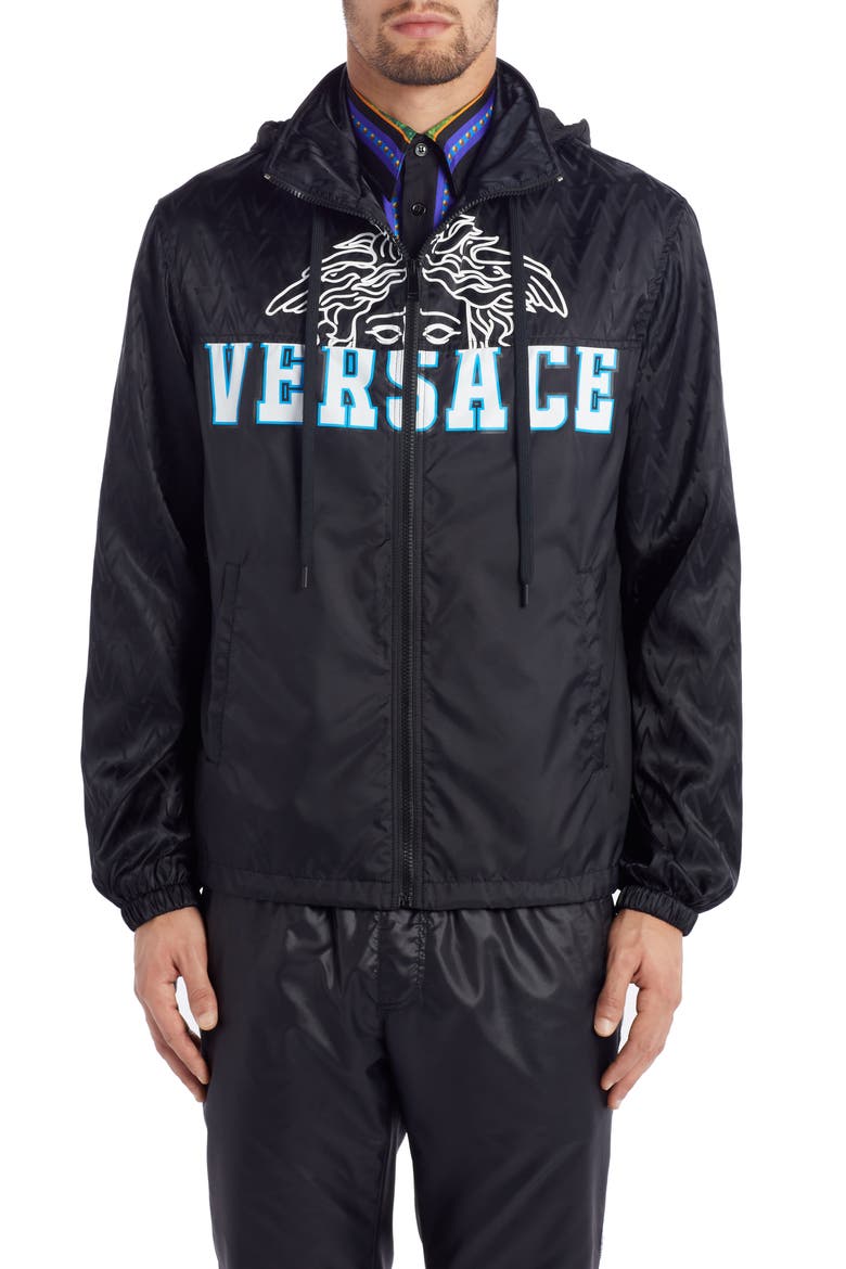 Medusa Hooded Nylon Jacket, Main, color, BLACK