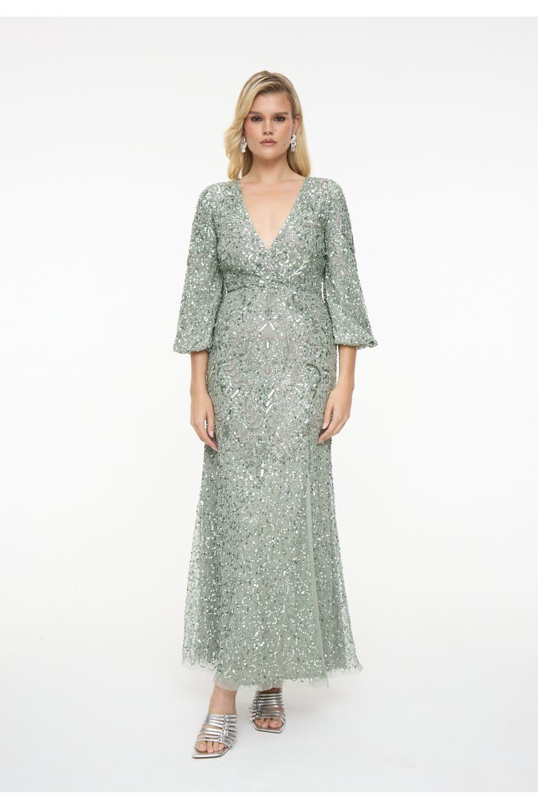 Embellished Sequin Beaded Maxi Dress With Deep V-Neck, Main, color, SAGE GREEN
