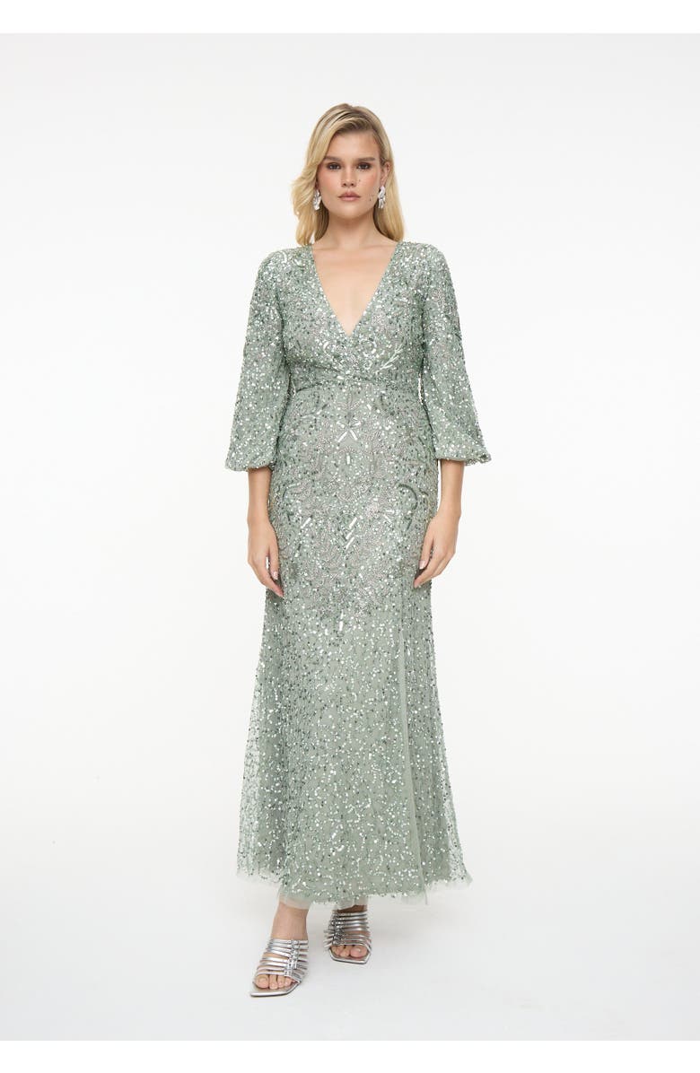 BEAUUT Embellished Sequin Beaded Maxi Dress With Deep V-Neck, Main, color, Sage Green