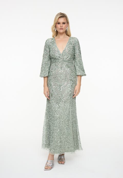 Embellished Sequin Beaded Maxi Dress With Deep V-Neck