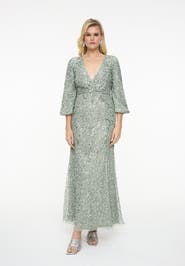 BEAUUT Embellished Sequin Beaded Maxi Dress With Deep V-Neck