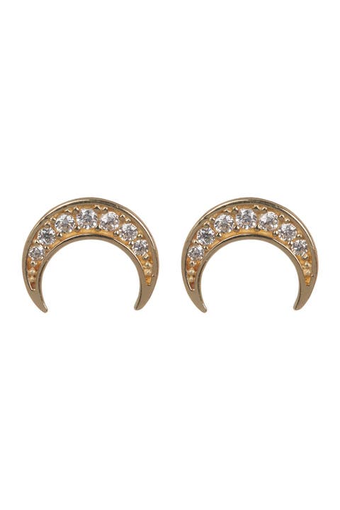 14K Yellow Gold Pave CZ Crescent Moon Stud Earrings
