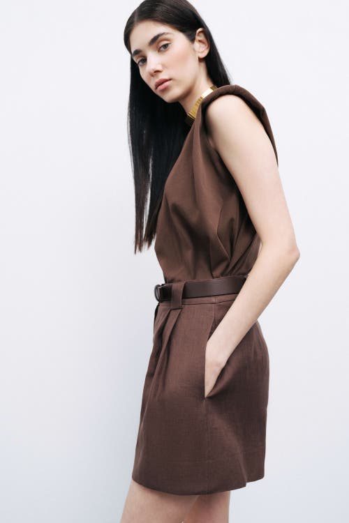 Nocturne Belted Linen Mini Shorts In Dark Brown