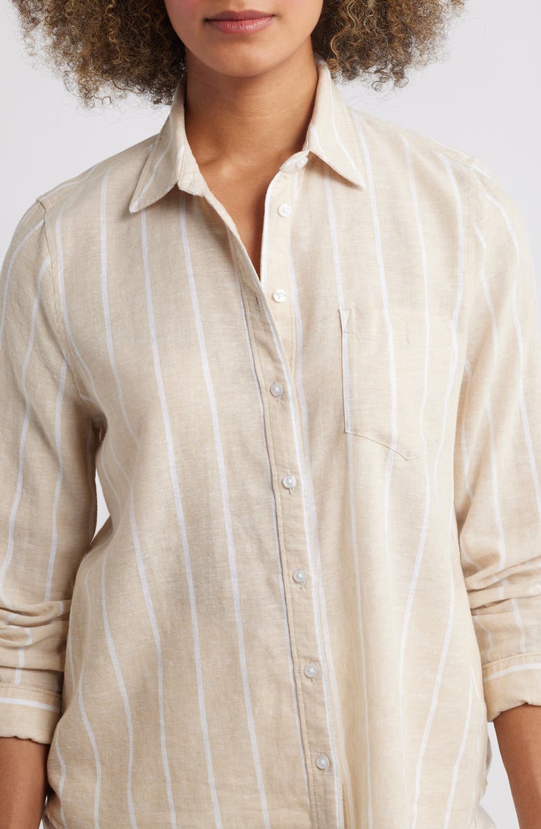 Caslon<sup>®</sup> Linen Blend Button-Up Shirt, Alternate, color, Tan Shore- White Rhode Stripe