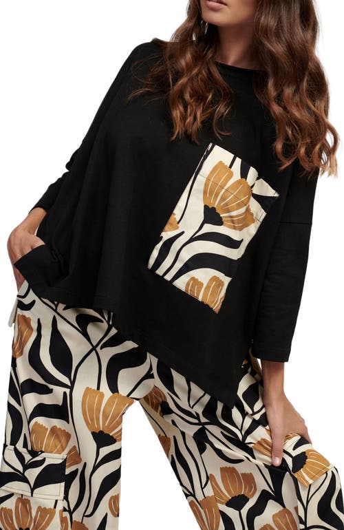 Alembika Boxy Tee With Contrast Tulip Print Patch Pocket In Black