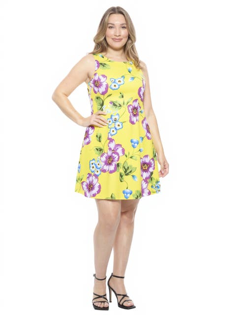 Plus Size Yellow Floral Round Neck Sleeveless A-Line Mini Shift Dress