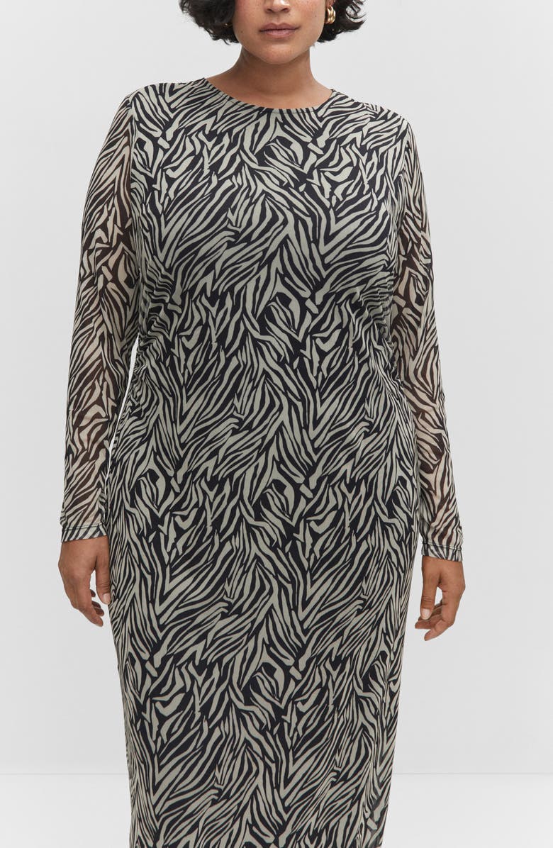 MANGO Zebra Print Long Sleeve Mesh Midi Dress, Alternate, color,