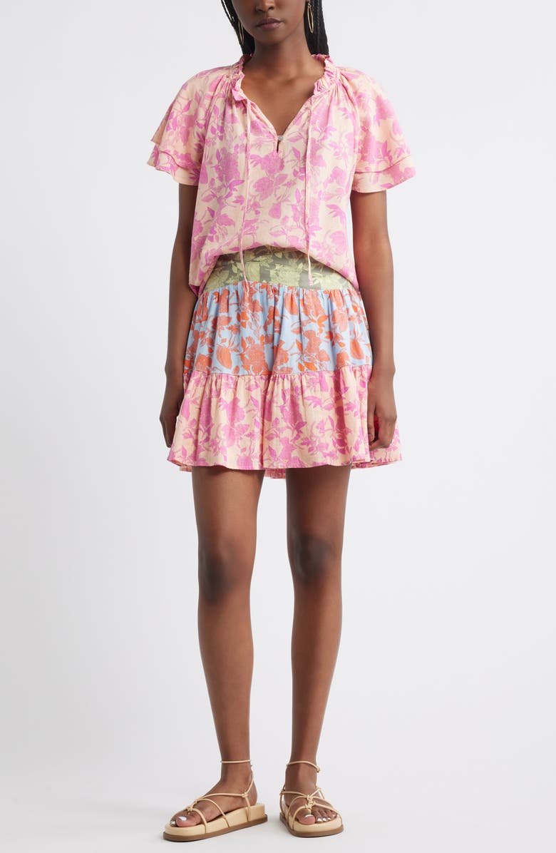 Treasure & Bond Shirred Botanical Print Linen Blend Top, Alternate, color, Coral- Pink Jill Bloom