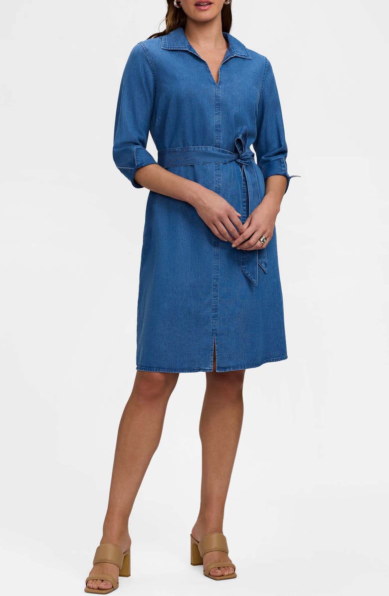 Foxcroft Agnes Tie Waist Denim Shirtdress, Main, color, Medium Wash Blue