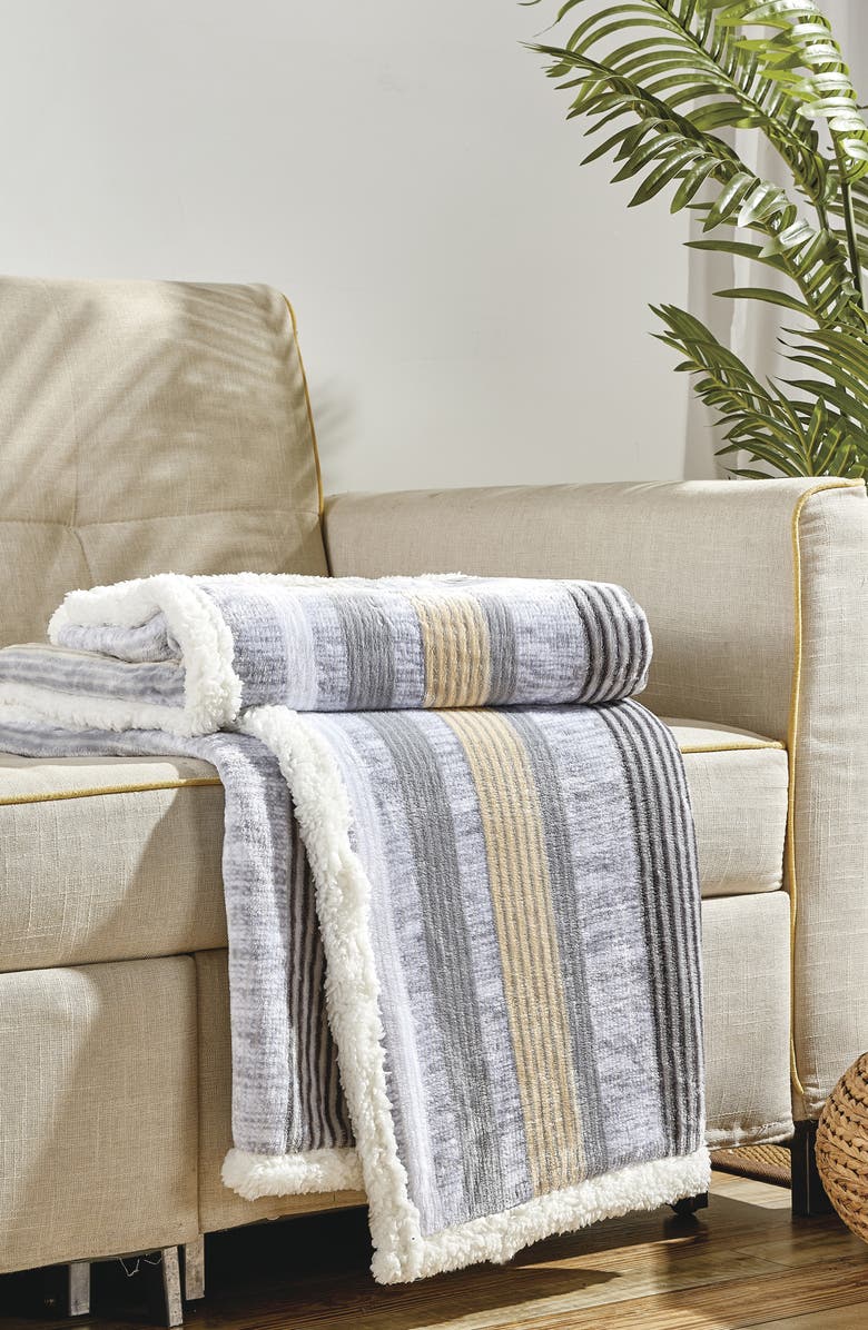 Luxury Home Brea Reversible Faux Shearling Throw Blanket, Alternate, color, Navy/ Grey